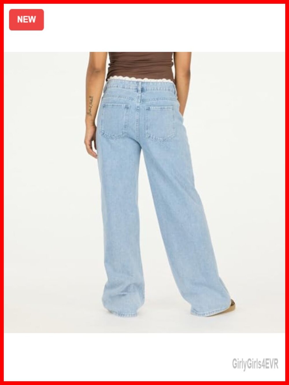 Women's Wide-Leg High-Rise Jeans with Lace Waistband - Cotton Blend - Picture 5 of 7